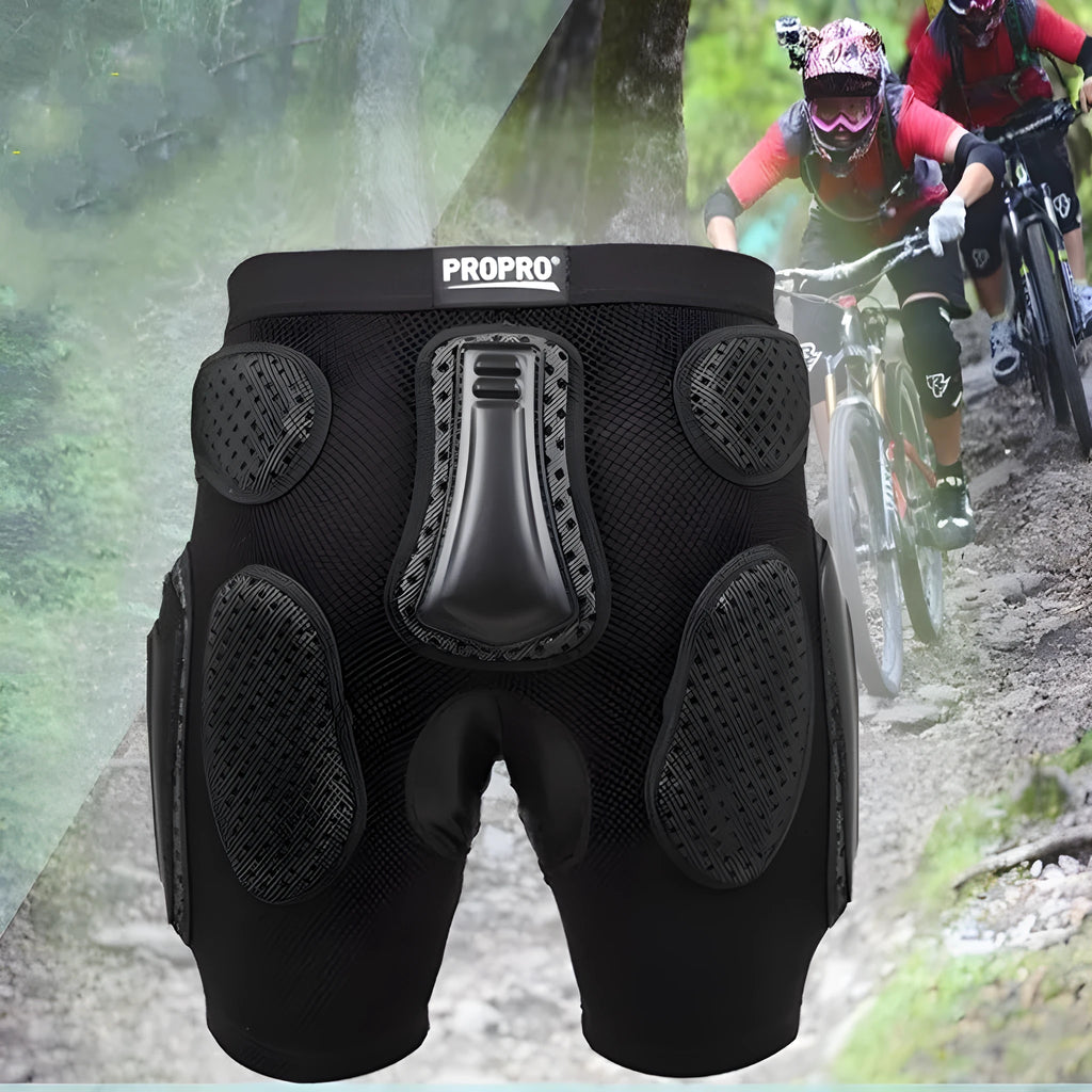 Black cycling hip protection pants showing protective panel positioning for hip impact reduction