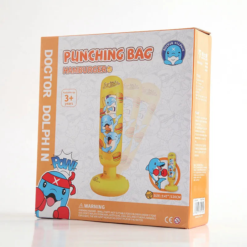 Tall yellow inflatable boxing column standing upright on a floor.