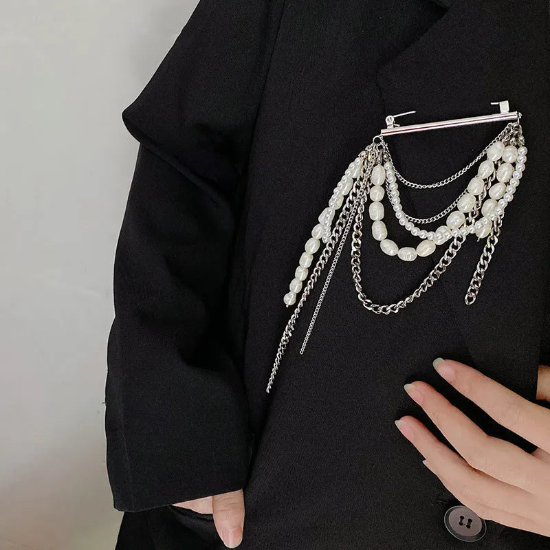 Korean style tassel pearl pin brooch electroplated alloy unisex decor gold tassel colour