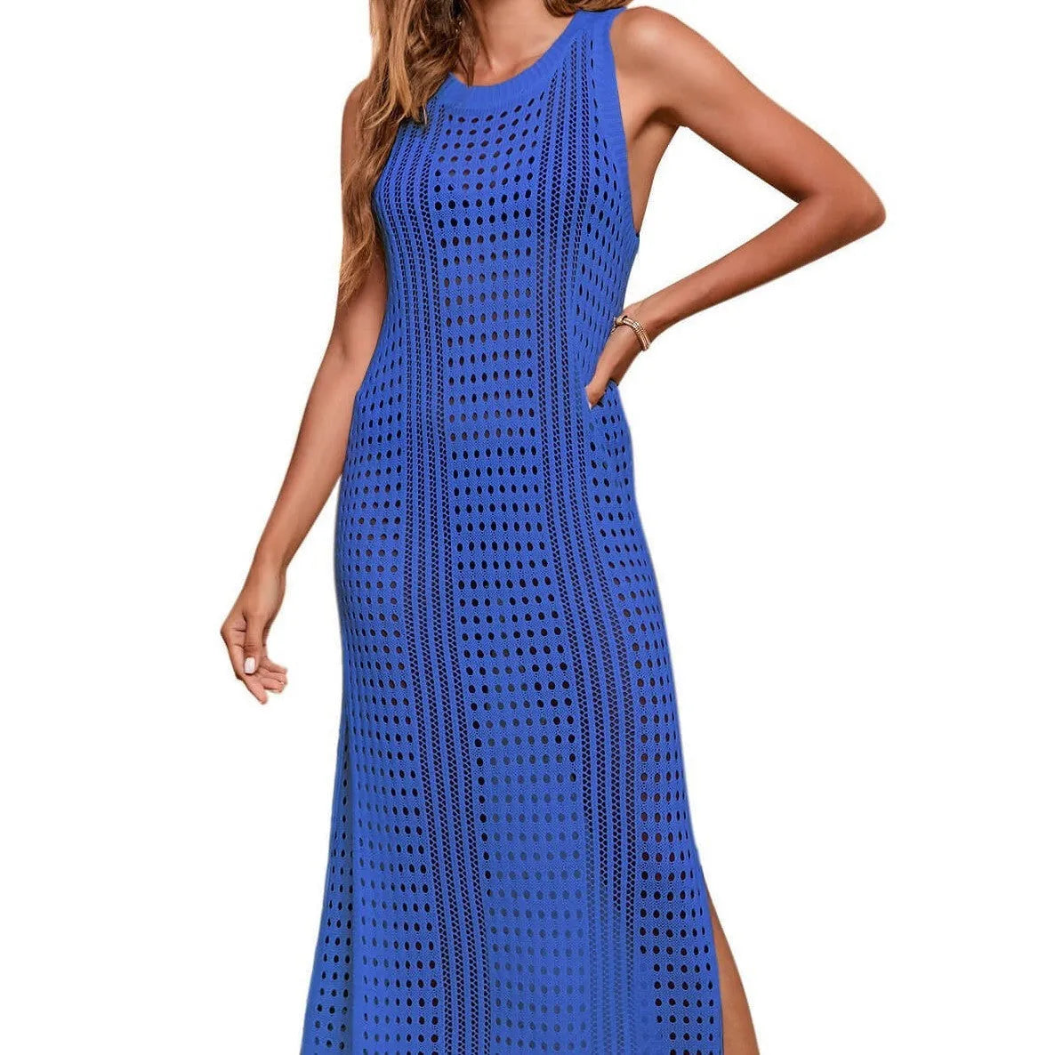 Women's long loose beach blouse in cotton blend hollow-out knitted fabric for swimming and wading