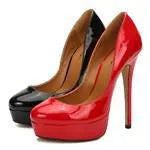 Plus size women's low-cut high heel pumps with PU upper round toe in black and red sizes 43-48