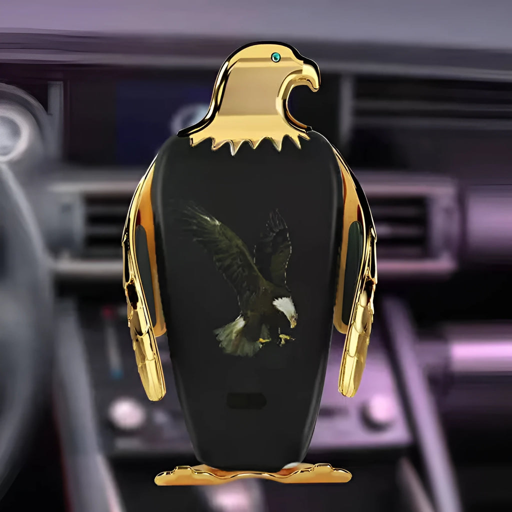 Car phone holder with magnetic wireless charging base mounted on dashboard showing phone attachment