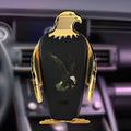 Car phone holder with magnetic wireless charging base mounted on dashboard showing phone attachment