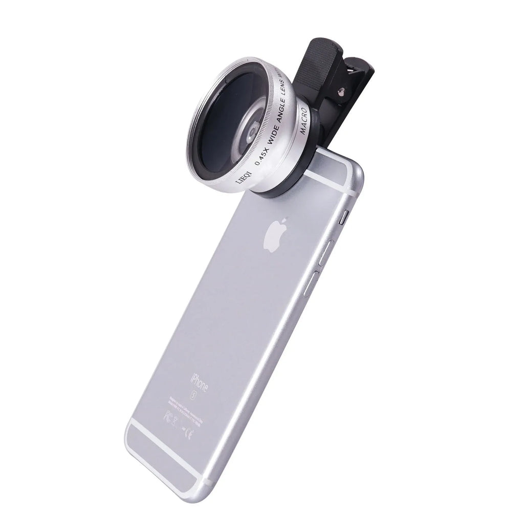 LIEQI 0.45X wide-angle and macro mobile phone camera lens attachment in silver finish