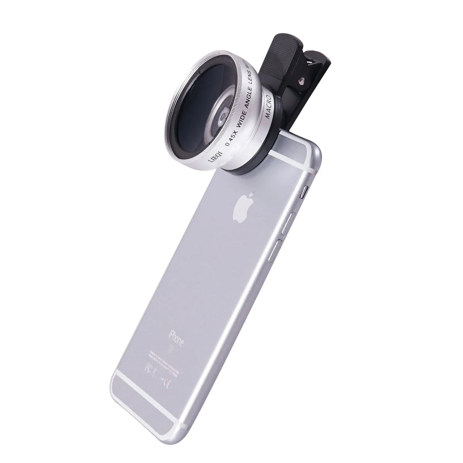 LIEQI 0.45X wide-angle and macro mobile phone camera lens attachment in silver finish