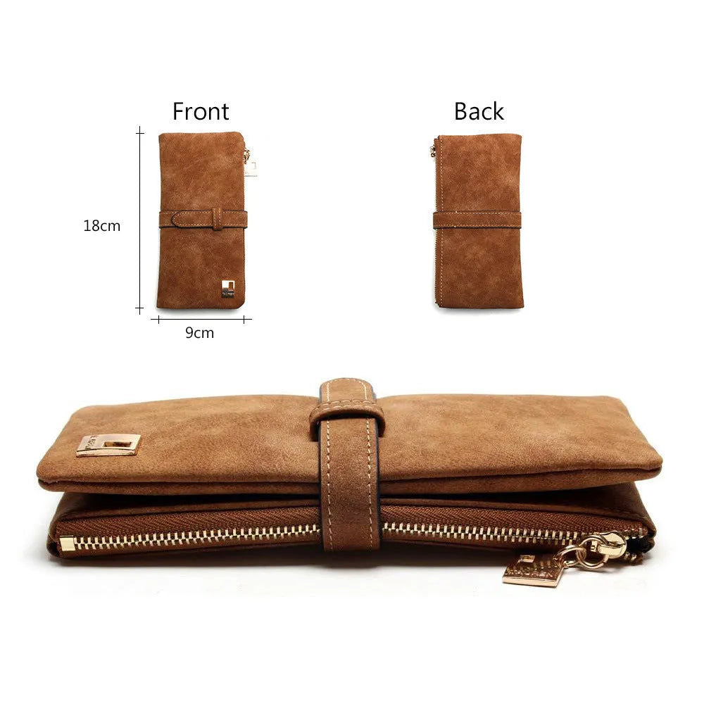 Women's vertical long wallet in matte PU leather with a drawstring zip closure, shown in army green.
