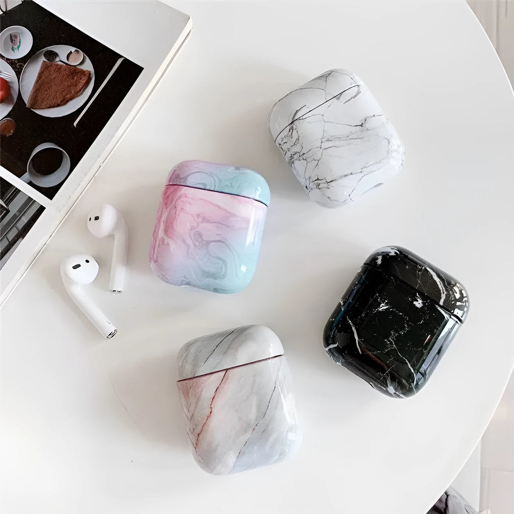 White Marble hard PC protective cover case for Apple AirPods 1 and 2 charging box.