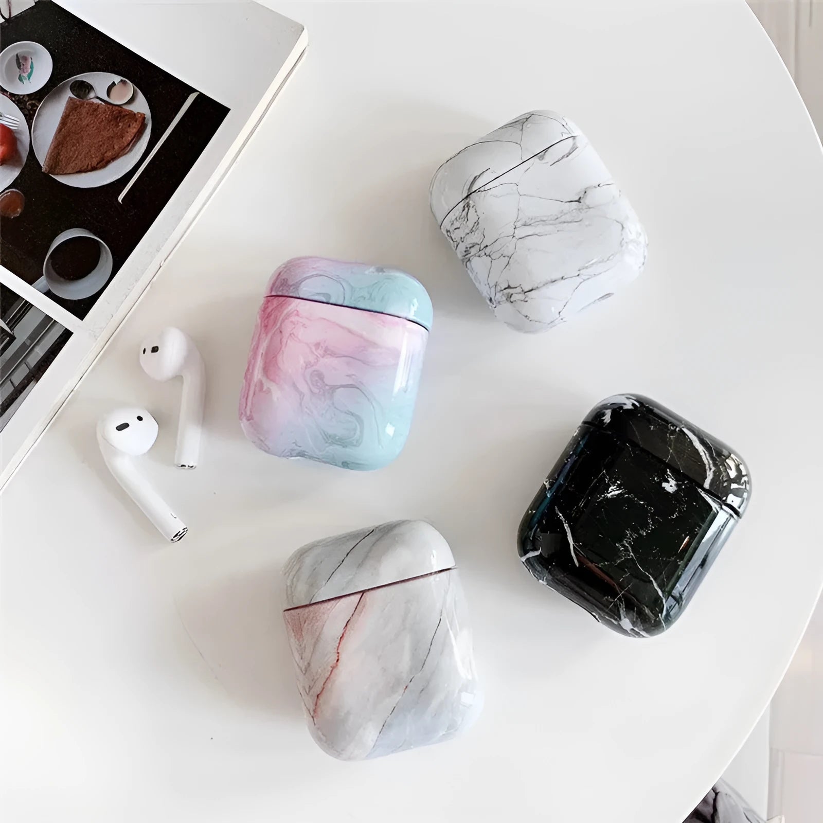 White Marble hard PC protective cover case for Apple AirPods 1 and 2 charging box.