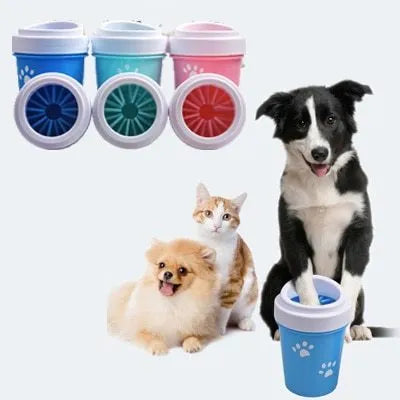 Dog foot washing cup paw washer in green with silicone bristles inside plastic cup