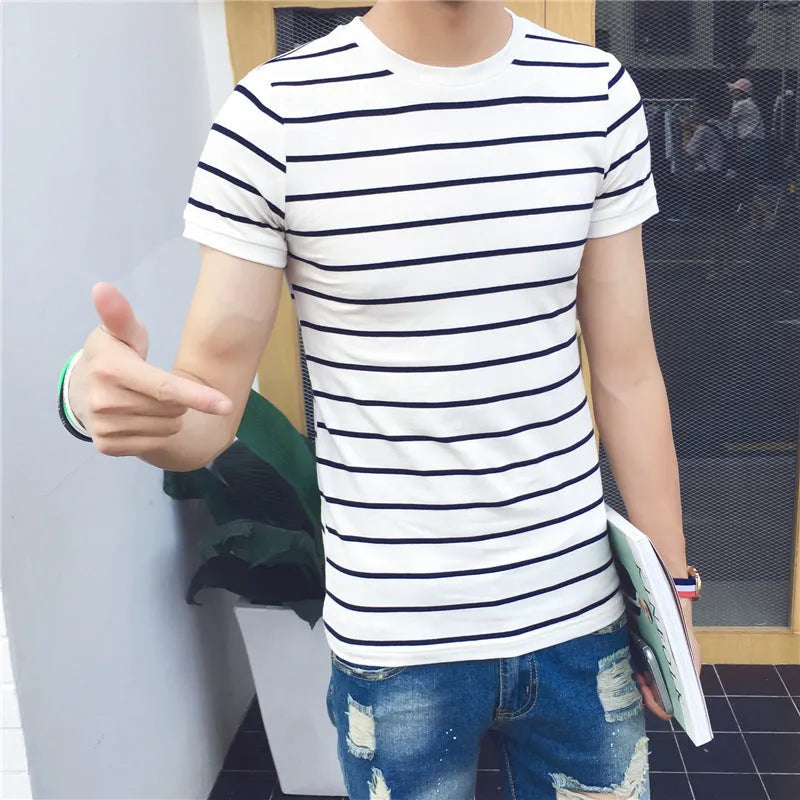 Men's round neck T-shirt in milk silk fabric, shown in white, red, black, and black and white colour options.
