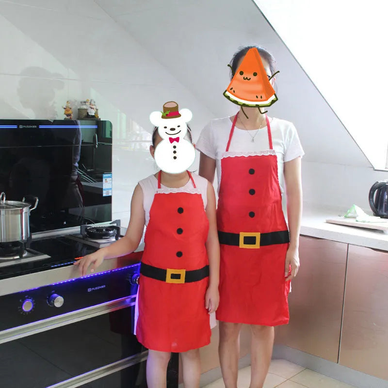 Red Christmas apron for adults and children with long straps for kitchen use