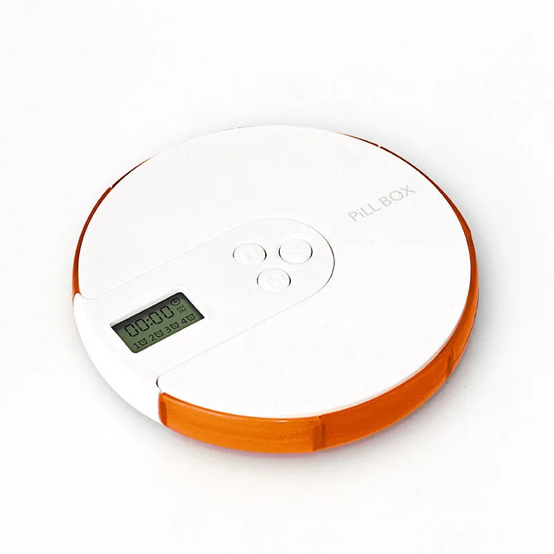 Compact 7-compartment alarm clock pill dispenser with digital timer display in multiple colours.