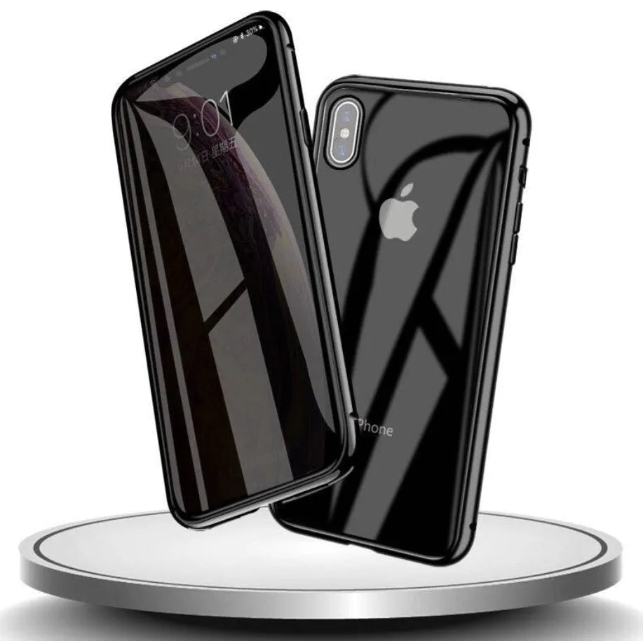 Geometric patterned glass anti-spy clamshell case for iPhone in multiple colours.