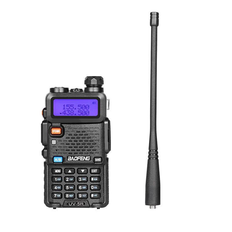 Black professional walkie talkie with LCD display, showing 128 channels and dual VHF/UHF frequency bands.