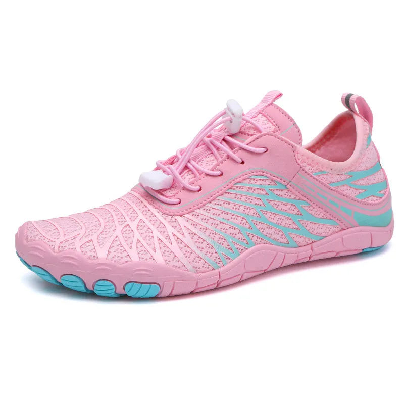 White breathable lace-up casual sports shoes with a non-slip rubber sole on a plain background.