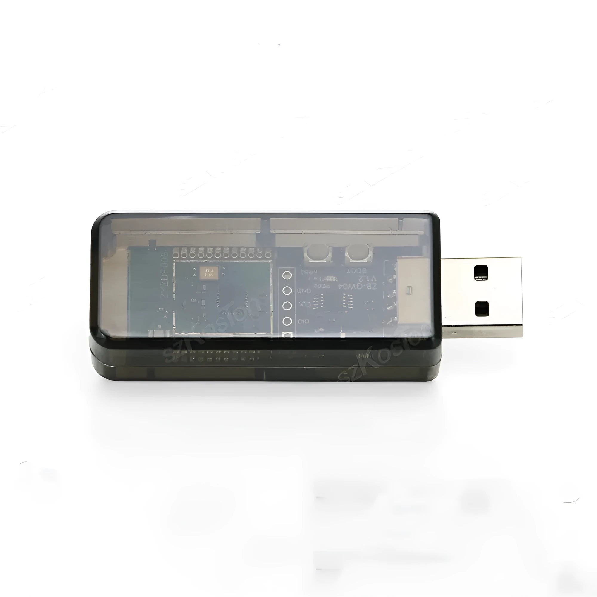White plastic Silicon Labs EFR32MG21 Zigbee 3.0 USB dongle for smart home networks.