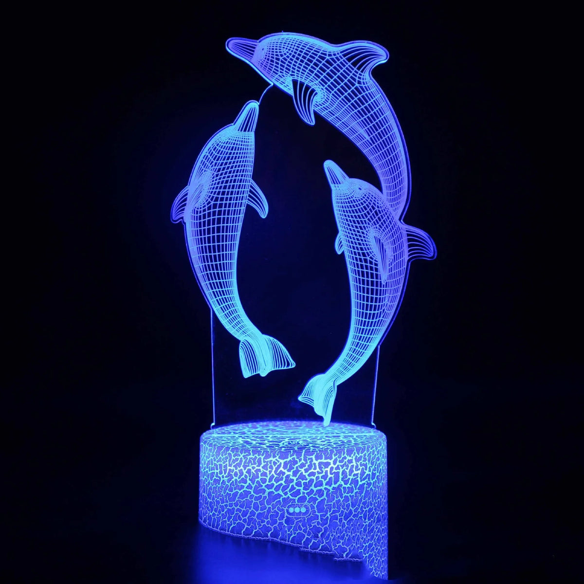 Dolphin 3D LED night light glowing blue with engraved acrylic panel on black ABS base