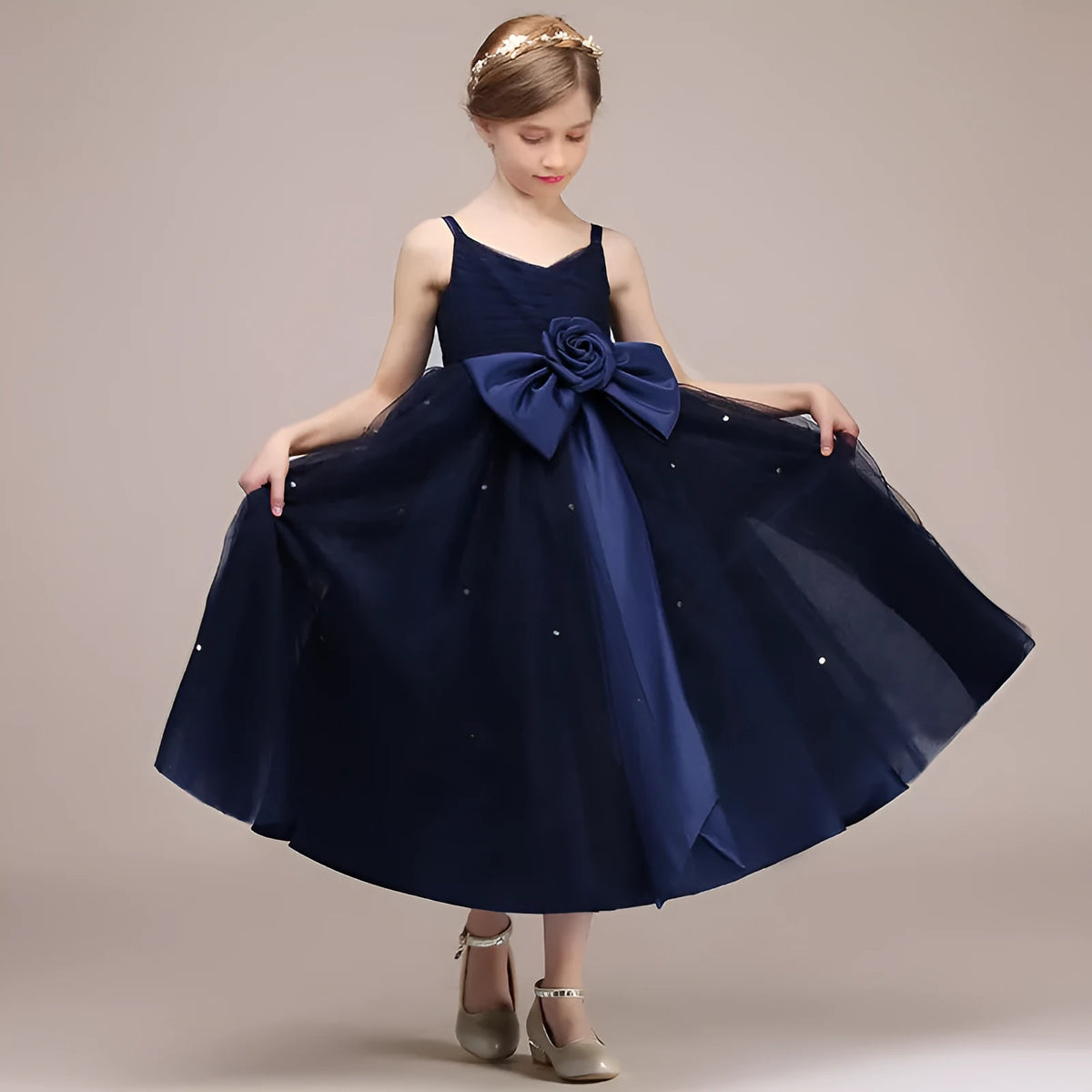 Girls blue chiffon princess dress for banquet and evening party, available in sizes 100cm to 160cm