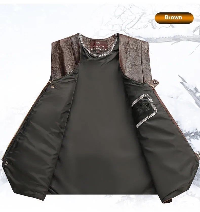 Men's first layer cowhide leather vest with V-neck and zipper front, dark brown or black, sizes 170 to 190