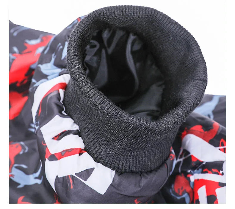 Large dog cotton printed coat in 3XL to 7XL sizes with neckline, bust, and back length measurements