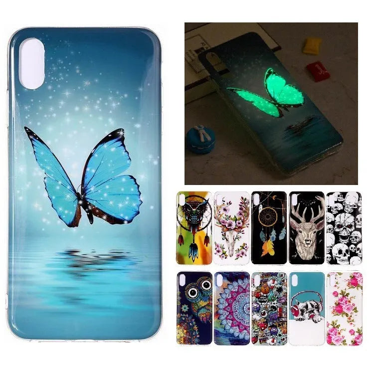 Luminous phone case with cartoon butterfly design for iPhone on transparent TPU background