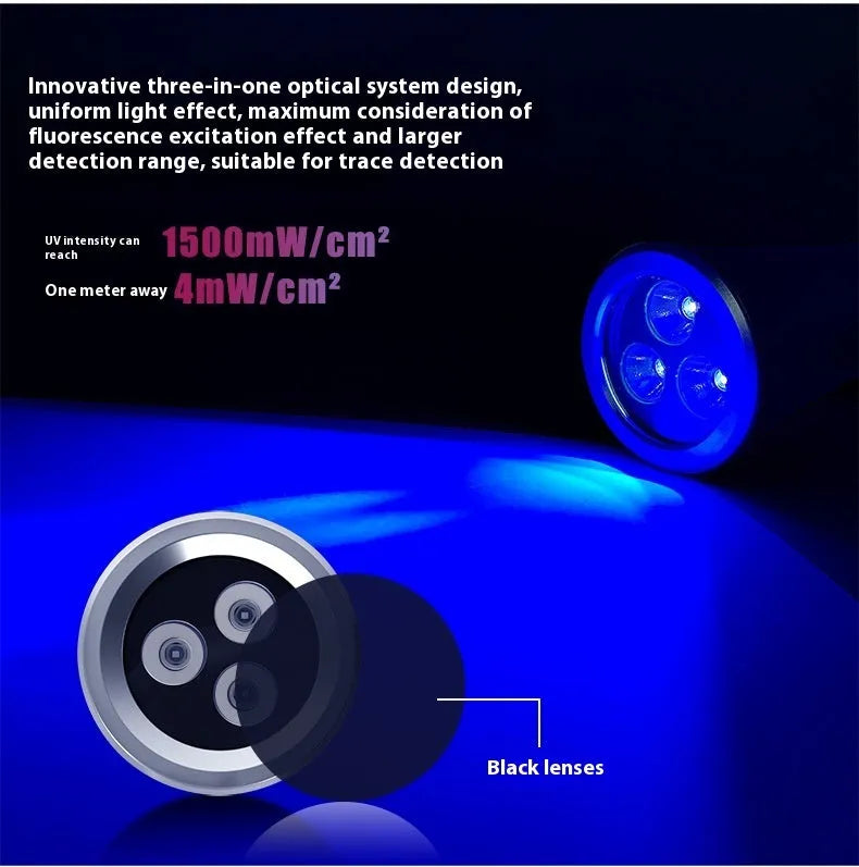Black anodised aluminium UV flashlight with USB Type-C charging port for pet stain and insect detection.