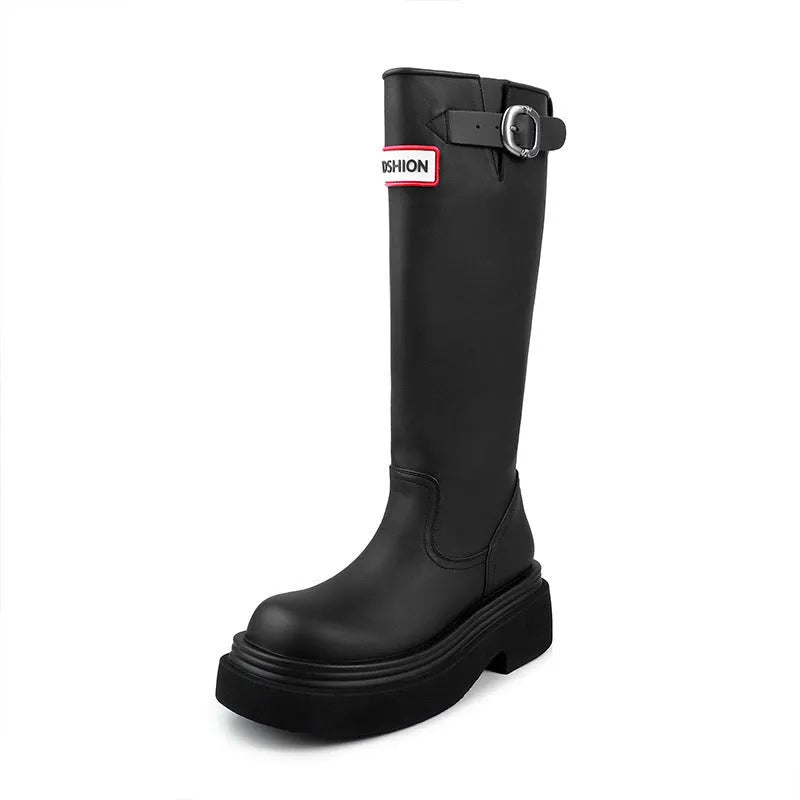 Women's mid heel chunky boots in red, microfiber upper, round toe, thick sole with honeycomb bottom side view