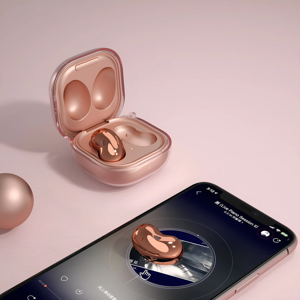 Translucent clamshell-style Bluetooth earphone replacement case in clear, gold, black, and purple colours.