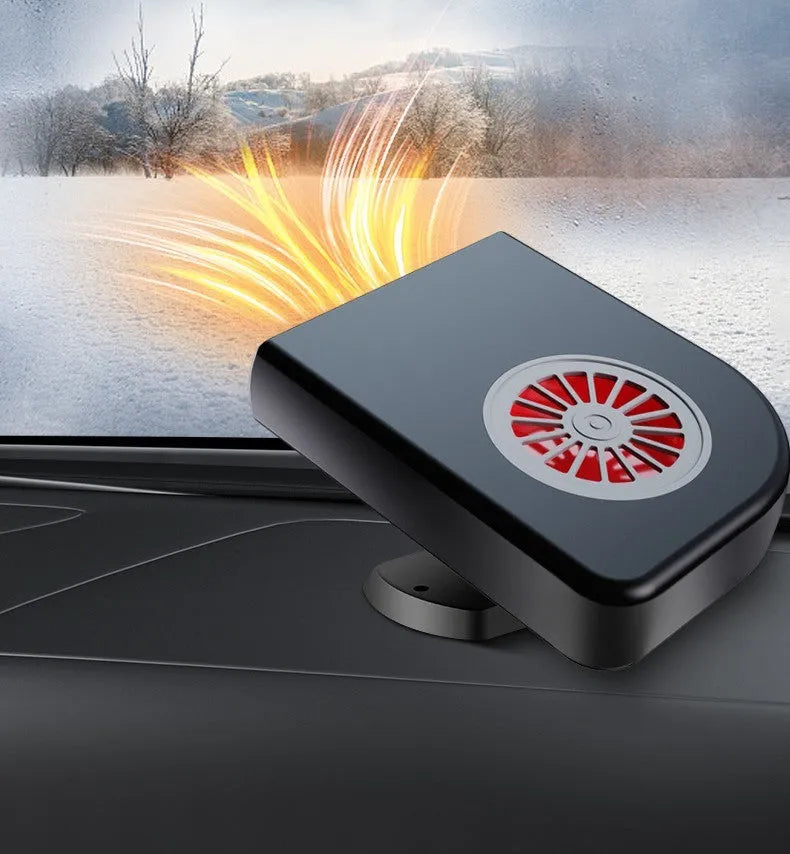 Black 12V vehicle-mounted heater for car defrosting on a dashboard.