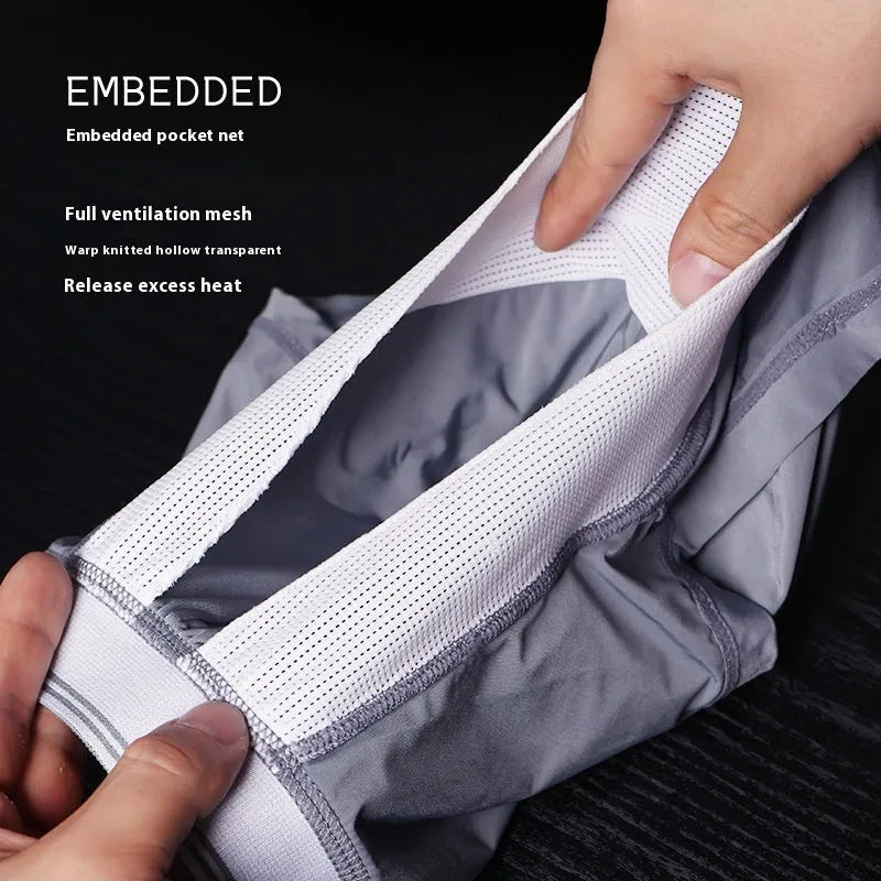 Men's black scrotal support underpants U convex anti-moving ice silk polyester boxer for sport