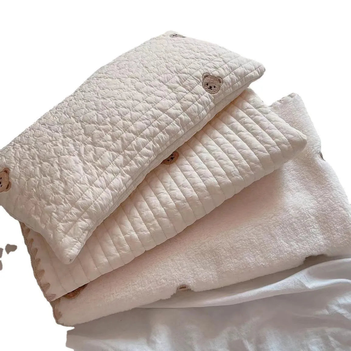 Simple bear design washable dog bed set with square mattress, quilt, and pillow in two size options.