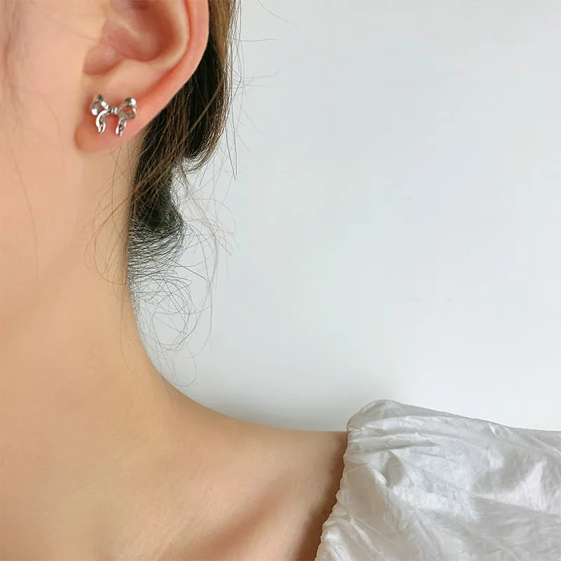 Silver bow copper earrings set with ear clip and ear buckle for women