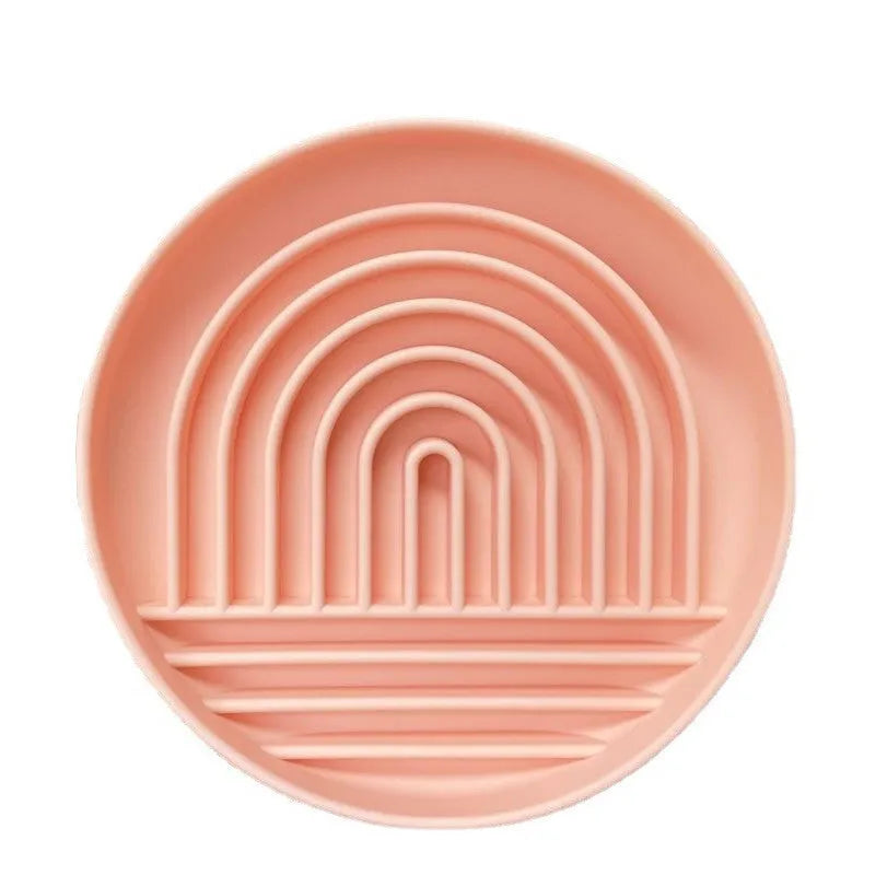Silicone slow feeder pet bowl for cats and dogs in baby pink, grey, light green, or pink