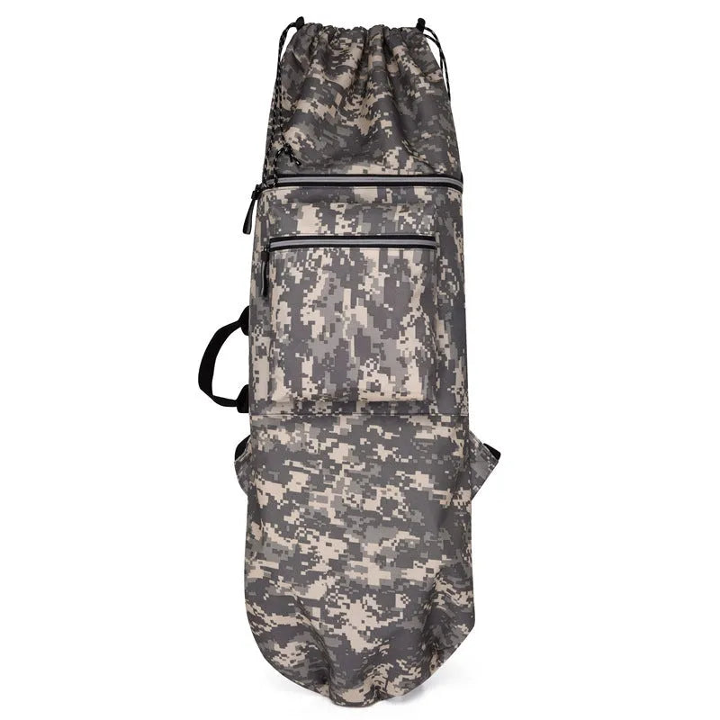 Lightweight waterproof nylon skate bag in camouflage colour with skateboard and fishing rod.