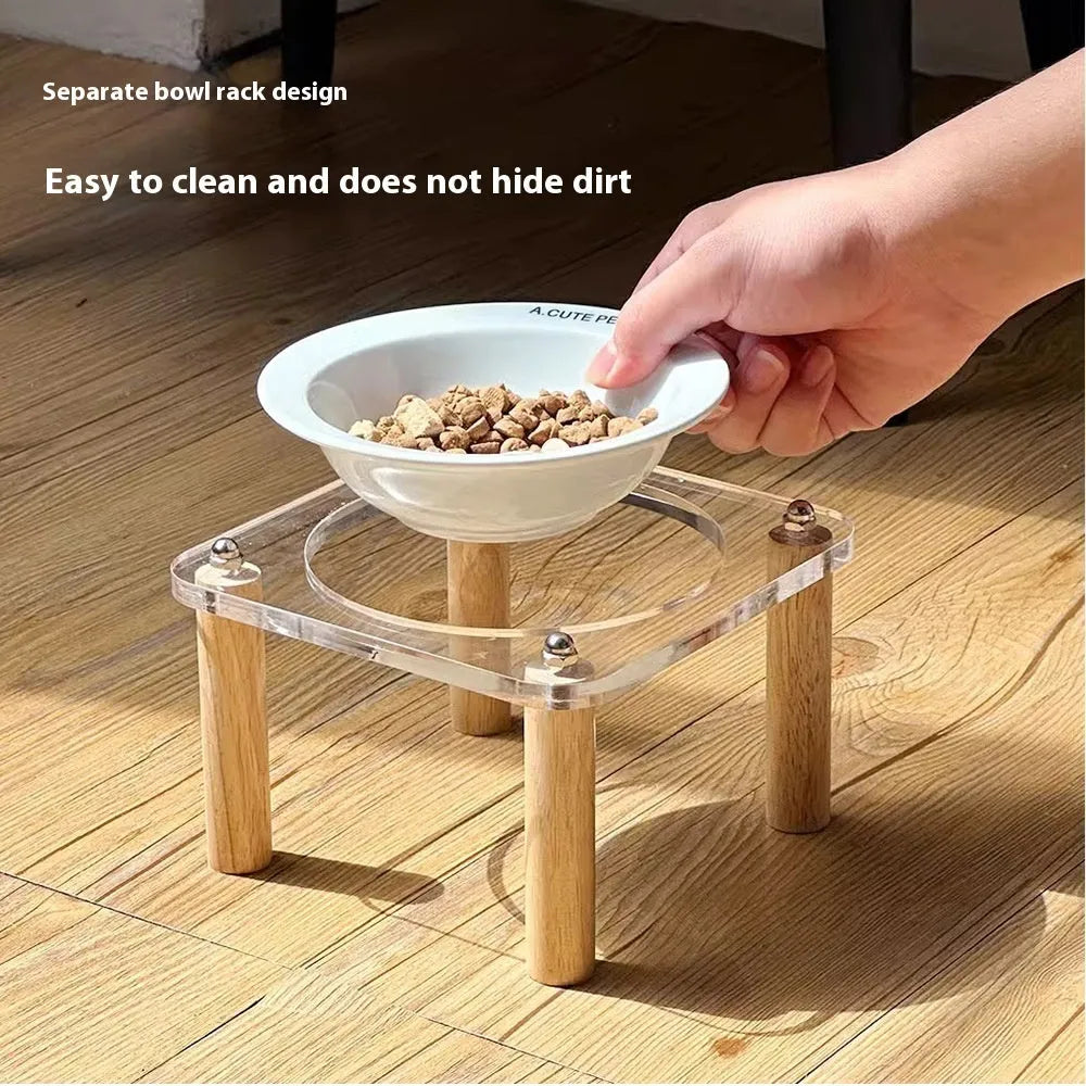 Cream yellow single ceramic cat bowl with wooden rack, anti-tumble design for elevated cat feeding