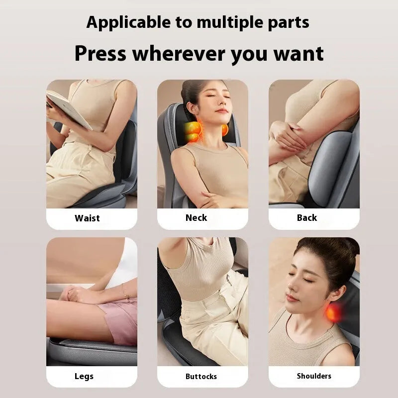 Grey massage back cushion with five-in-one mechanical and airbag massage for neck shoulders waist back hips