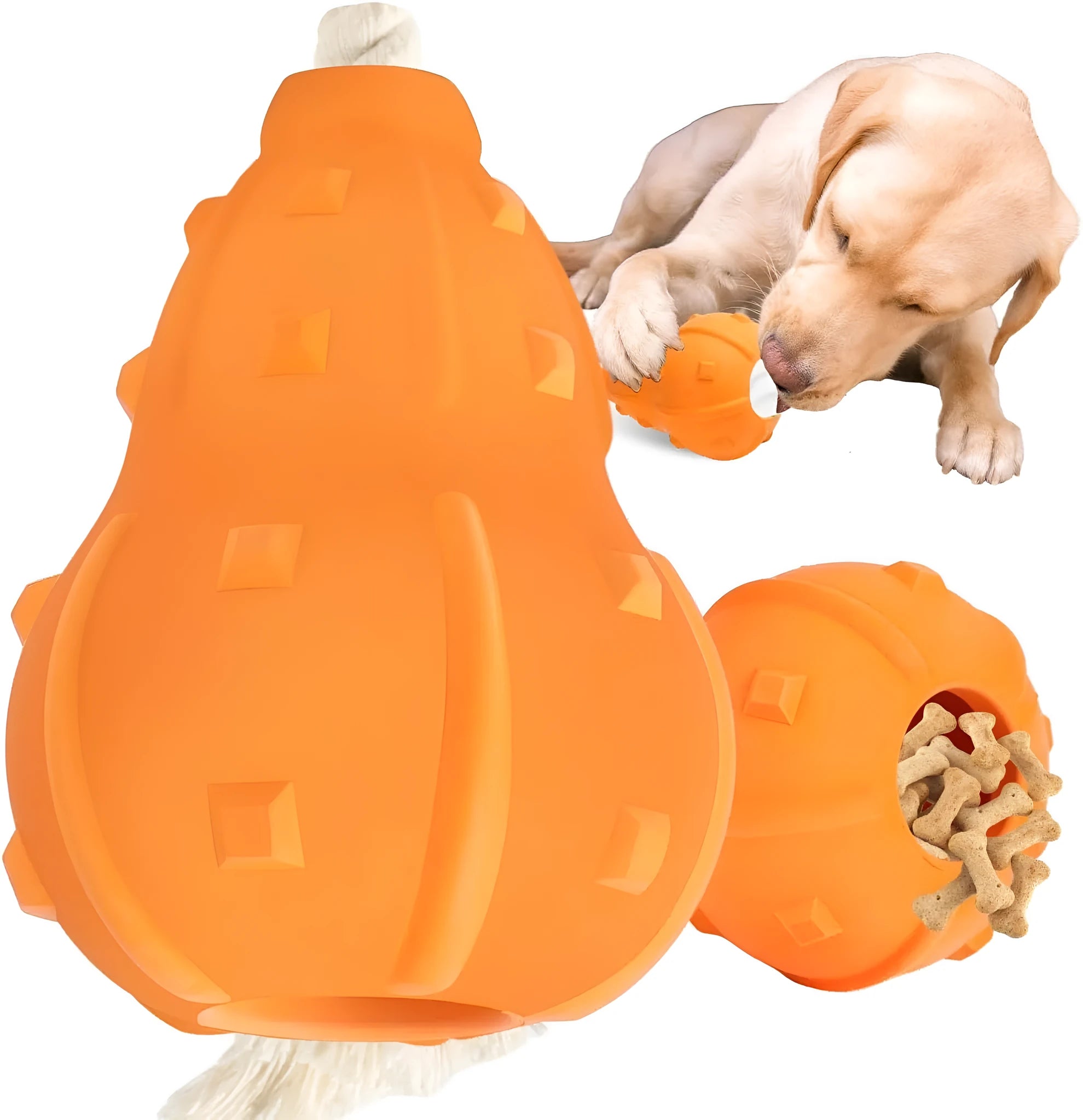 Natural rubber stuffable dog chew toy with a long strap for fetching and treat dispensing.