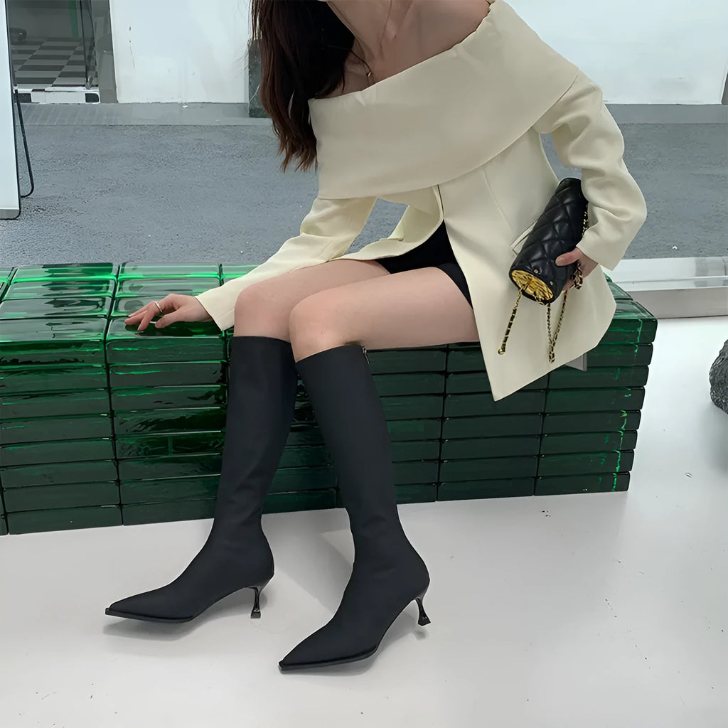 Women's black pointed toe below knee stiletto heel boots with a back zipper on display.