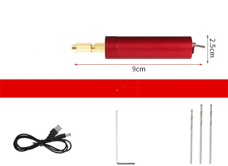 Micro USB electric grinder tool kit with three small drill bits on a white background.