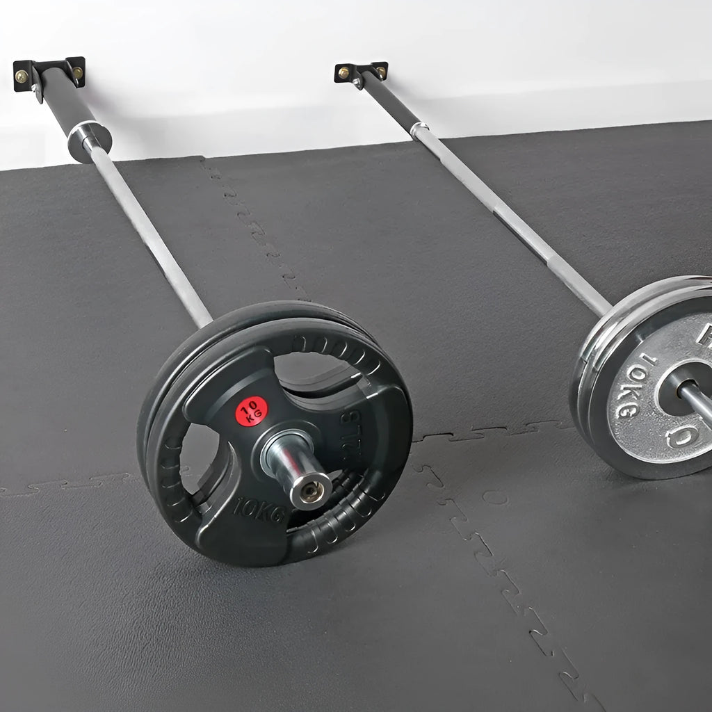Steel wall-mounted rack with 25 tubes for storing barbell rods or poles