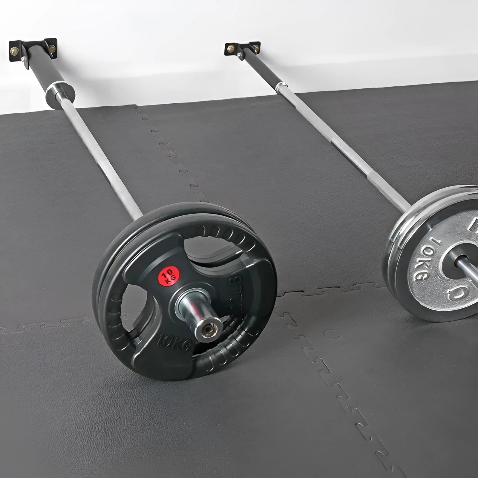 Steel wall-mounted rack with 25 tubes for storing barbell rods or poles