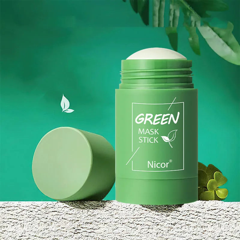 Green Tea and Eggplant solid clay cleansing mask stick in packaging, 40g.