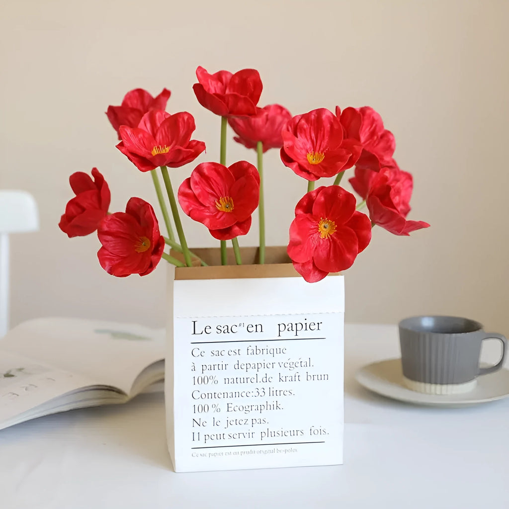 Fifteen PU artificial poppy flowers in bright red, dark purple, deep pink, orange, white, and yellow for wedding and home decor