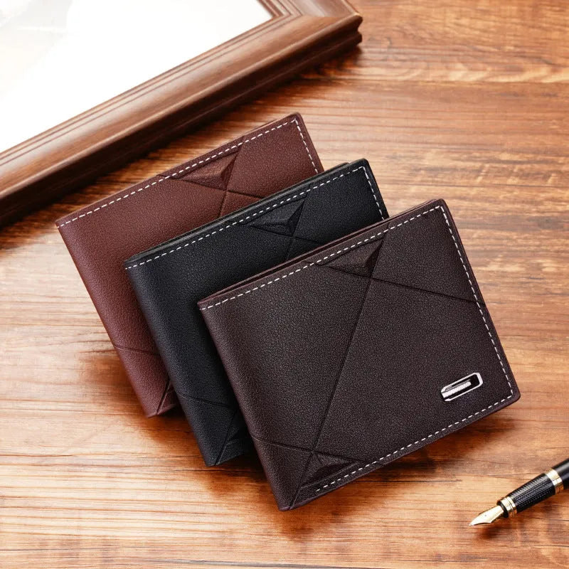 Men's three-fold PU leather wallet with multiple card slots in horizontal design