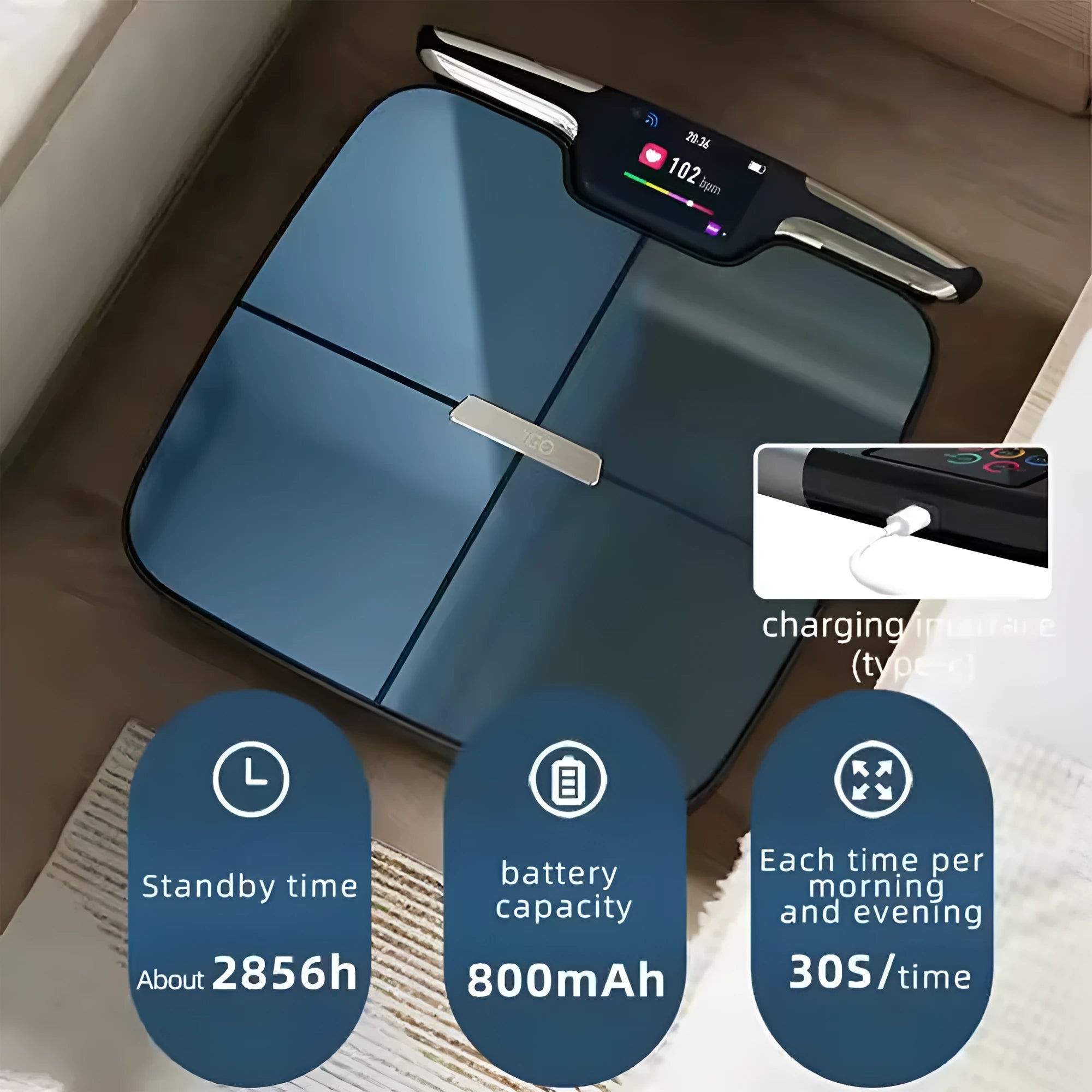 Black eight-electrode body fat scale measuring 45x45cm with digital display