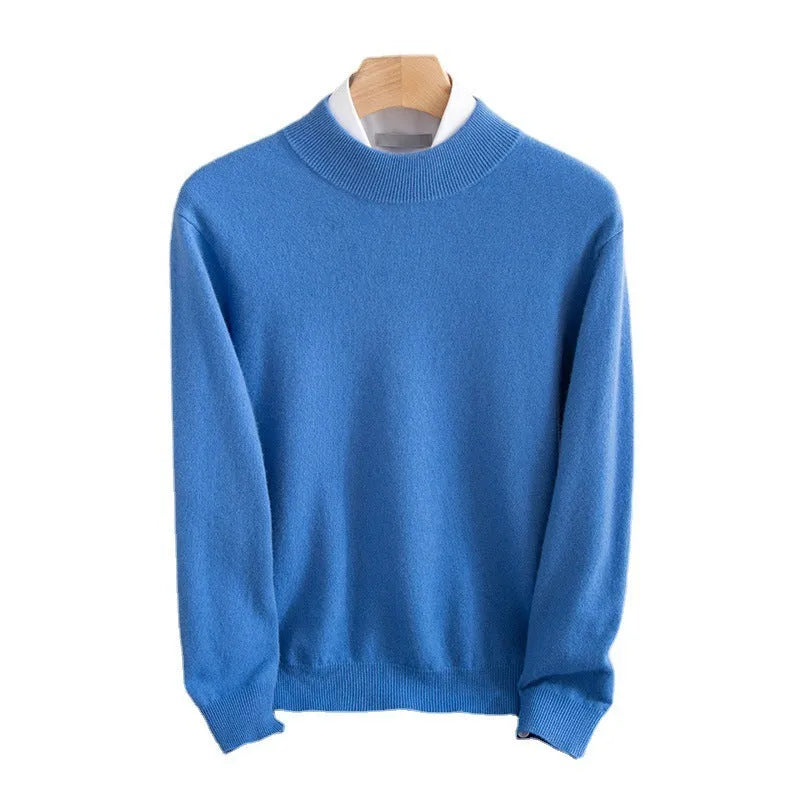 Men's loose-fit half-collar wool sweater in coarse knit yarn, shown in a camel colour.