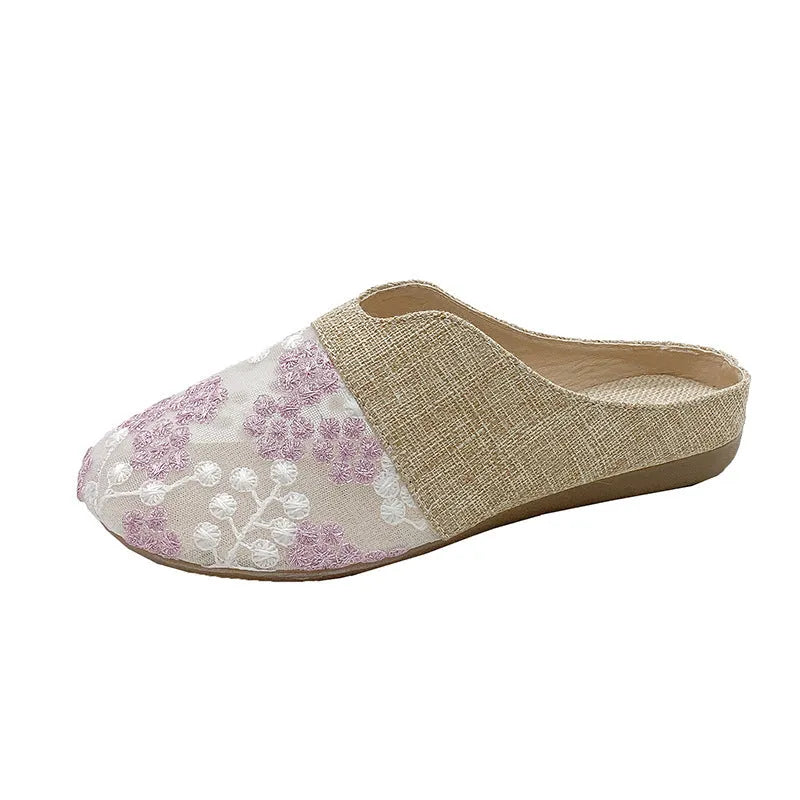 Women's low heel flat slip-on hollow sandals in gold with mesh upper and floriculture pattern