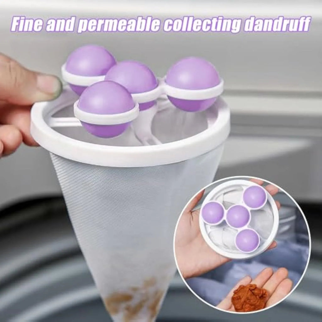 Reusable washing machine filter bag in blue pink purple colours catching pet hair and lint