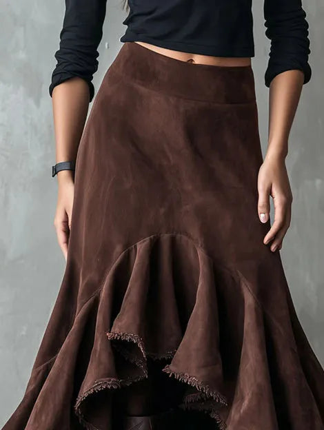 Western Brown polyester maxi skirt with high-low hemline and ruffle detailing