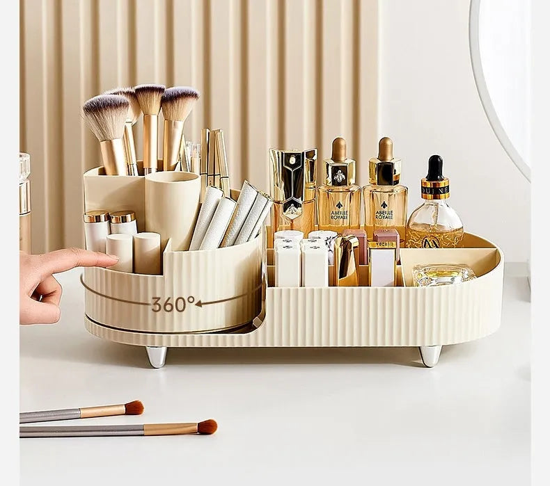 Rotating cosmetics storage box organiser for makeup brushes and lipsticks on a table.